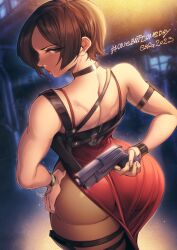  absurdres ada_wong arm_holster artist_name ass ass_focus back background_request bangle bare_shoulders black_choker black_hair bracelet brown_eyes choker dated dress dutch_angle english_commentary female finger_on_trigger from_behind gofa gun hand_on_own_hip handgun highres holding holding_gun holding_weapon holster jewelry long_dress looking_at_viewer looking_back pantyhose red_dress red_lips resident_evil resident_evil_4 resident_evil_4_(remake) short_hair shoulder_holster side_slit sleeveless sleeveless_dress solo standing thick_thighs thigh_holster thighs weapon wide_hips wristband 