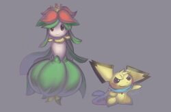  2016 artist_name blue_scarf cheek_spots closed_smile digital_media_(artwork) duo english_text female flower generation_2_pokemon generation_5_pokemon green_body grey_background koko_(aots) lilligant mouth_closed muro_(aots) nintendo painting_(artwork) pichu plant pokemon pokemon_(species) pose scarf simple_background smile standing text umikit white_body yellow_body 