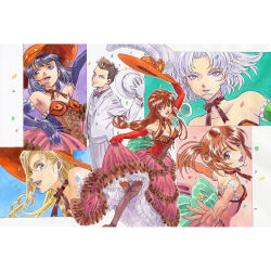  1boy 5girls alternate_costume back_bow bare_shoulders black_corset black_gloves black_hair blonde_hair blue_eyes bow bowtie breasts brown_eyes brown_hair brown_pantyhose brown_ribbon car choker cleavage closed_mouth collar collarbone collared_shirt confetti coquelicot_(sakura_taisen) corset cross-laced_clothes cross-laced_corset earrings elbow_gloves erica_fontaine foot_out_of_frame formal frilled_gloves frills glasses gloves glycine_bleumer green_bow green_sleeves grey_eyes hair_ornament hair_scrunchie hat holding holding_clothes holding_hat jewelry kitaooji_hanabi light_brown_hair lobelia_carlini lolicon long_hair long_sidelocks long_skirt looking_ahead looking_at_viewer low_ponytail matsubara_hidenori medium_breasts motor_vehicle multiple_girls no_eyewear official_alternate_costume official_art oogami_ichirou open_clothes open_mouth open_suit orange_hat pants pantyhose picture_hat pink_corset pink_gloves pink_skirt purple_bow purple_bowtie red_corset red_gloves ribbon ribbon_choker rimless_eyewear sakura_taisen sakura_taisen_iii scrunchie second-party_source sega shirt short_hair sidelocks skirt skirt_hold spiked_hair standing straight_hair strapless suit swept_bangs teeth top_hat traditional_media tsurime undershirt unworn_eyewear upper_body upper_teeth_only white_collar white_hair white_pants white_shirt white_suit wing_collar 