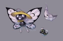  2016 alternate_color antennae_(anatomy) arthropod artist_name benedict_(aots) black_eyes butterfree caterpie clothing digital_media_(artwork) english_text flying front_view generation_1_pokemon grey_background group hair hat headgear headwear male metapod nintendo pokemon pokemon_(species) side_view simple_background text trio umikit wearing_hat wings 