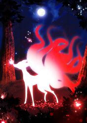  2024 9_tails absurd_res ambiguous_gender digital_drawing_(artwork) digital_media_(artwork) evergreen_tree feral fire forest fox_spirit full_moon hi_res moon multi_tail night outside pine_tree plant quadruped ryuko_rose silhouette solo sparkles standing tail tree 