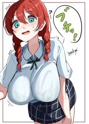  absurdres aqua_eyes artist_name blue_shirt blush bouncing_breasts bra bra_visible_through_clothes braid breasts brown_hair commentary_request cowboy_shot emma_verde empty_eyes female freckles green_bra green_ribbons grey_skirt hanging_breasts highres huge_breasts leaning_forward long_hair love_live! love_live!_nijigasaki_high_school_idol_club low_twin_braids miniskirt motion_blur neck_ribbon nervous_smile nijigasaki_school_uniform nose_blush open_mouth plaid_clothes plaid_skirt pleated_skirt ribbon school_uniform shirt short_sleeves signature skirt smile solo summer_uniform sweatdrop tarakon translation_request twin_braids twitching underwear undone_bra white_background 