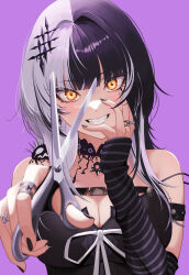  absurdres arm_strap bare_shoulders belt black_belt black_choker black_dress black_hair black_nails breasts chest_belt choker cleavage commentary dress eipanguino female fingernails foreshortening grey_hair grin hair_ornament hand_on_own_cheek hand_on_own_face hand_up highres holding holding_scissors hololive hololive_english jewelry lace lace_choker large_breasts light_blush long_hair looking_at_viewer multicolored_hair multiple_rings nail_polish purple_background ring scissors shiori_novella shiori_novella_(1st_costume) simple_background smile solo split-color_hair striped_arm_warmers symbol-only_commentary two-tone_hair upper_body virtual_youtuber yellow_eyes yorick_(shiori_novella) 