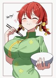  :t ^_^ absurdres artist_name blush bow bowl braid breasts brown_hair china_dress chinese_clothes chopsticks closed_eyes closed_mouth commentary_request dress eating emma_verde female food food_on_face freckles green_dress hairbow heart highres holding holding_bowl holding_chopsticks huge_breasts impossible_clothes impossible_dress love_live! love_live!_nijigasaki_high_school_idol_club low_twin_braids medium_hair official_alternate_costume rice rice_on_face signature solo split_mouth tarakon twin_braids upper_body yellow_bow 