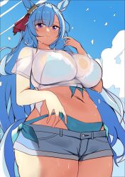  alternate_costume animal_ears bikini blue_bikini blue_hair blue_sky braid breasts cloud cloudy_sky commentary_request cowboy_shot crown_braid day denim denim_shorts ear_ornament female highres horse_ears horse_girl horse_tail large_breasts looking_at_viewer mejiro_ardan_(umamusume) midriff navel outdoors purple_eyes shirt short_sleeves shorts sky solo swimsuit tail tied_shirt umamusume wahiko_(black_bastard) wet wet_clothes wet_shirt white_shirt 