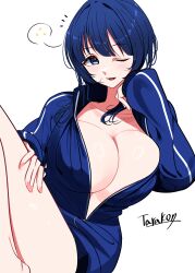  ;d absurdres artist_name asaka_karin blue_eyes blue_hair blue_jacket blunt_bangs blush breasts cleavage collarbone commentary female highres jacket large_breasts long_sleeves looking_at_viewer love_live! love_live!_nijigasaki_high_school_idol_club medium_hair mole mole_on_collarbone multiple_moles naked_jacket notice_lines one_eye_closed open_mouth partially_unzipped plunging_neckline signature smile solo tarakon upper_body white_background 