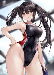  :o armpits asle black_hair black_one-piece_swimsuit breasts clock_eyes cowboy_shot date_a_live female hair_between_eyes heterochromia highres indoors large_breasts long_hair looking_at_viewer one-piece_swimsuit red_eyes swimsuit symbol-shaped_pupils thighs tokisaki_kurumi twintails uneven_twintails wet yellow_eyes 