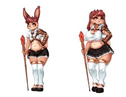  absurd_res anthro armor belly big_breasts boots bottomwear breasts clothed clothing crop_top duo female fully_clothed glass_(oc) hands_on_hips healer hi_res jewelry kenoxpictures lagomorph legwear leporid male mammal navel necklace orange_eyes rabbit rabbit_ears rule_63 scut_tail shirt short_tail shorts skirt slightly_chubby smile staff tail thigh_boots thigh_highs topwear 