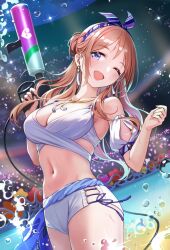  bikini blue_eyes blue_ribbon blush breasts brown_hair detached_sleeves earrings fanged_bangs female gakuen_idolmaster hair_bun highres himesaki_rinami holding holding_water_gun idolmaster jewelry large_breasts long_hair looking_at_viewer navel necklace official_alternate_costume one_eye_closed puffy_short_sleeves puffy_sleeves ribbon short_sleeves shorts side-tie_shorts side_up_bun smile solo standing super_soaker swimsuit tuna_picture water water_gun white_shorts 