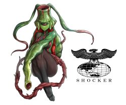  black_sclera colored_sclera colored_skin commentary eidenjyou1997 english_commentary female genderswap_(mtf) green_skin highres hiruguerilla kaijin kamen_rider kamen_rider_(1st_series) leech_girl logo monster_girl one-eyed red_eyes red_skin rule_63 shocker_(kamen_rider) simple_background smile solo tendril tendril_arm white_background 