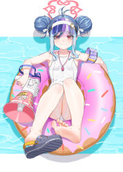  antenna_hair armband bare_arms bare_legs bare_shoulders barefoot blue_archive blue_hair blush breasts crocs double_bun fangxiang_cuoluan feet female fubuki_(blue_archive) fubuki_(swimsuit)_(blue_archive) full_body hair_bun halo highres holding holding_megaphone innertube megaphone multicolored_hair official_alternate_costume one-piece_swimsuit pink_halo red_eyes school_swimsuit shoe_dangle shoes short_hair single_shoe sitting small_breasts smile solo swim_ring swimsuit visor_cap water whistle whistle_around_neck white_one-piece_swimsuit 