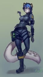  2018 anthro artist_name blue_hair breasts clothed clothing digital_media_(artwork) english_text fangs felid feline female fingers fluffy fluffy_tail green_text hair hand_on_hip hi_res long_hair looking_aside mammal open_mouth pose purple_eyes shadow simple_background solo standing tail teeth text umikit weapon white_sclera 