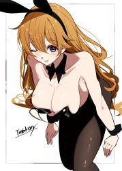  absurdres animal_ears artist_name black_leotard blush breasts brown_hair cleavage commentary detached_collar fake_animal_ears female highres konoe_kanata large_breasts leaning_forward leotard long_hair love_live! love_live!_nijigasaki_high_school_idol_club neck_ribbon one_eye_closed pantyhose playboy_bunny purple_eyes rabbit_ears ribbon signature smile strapless strapless_leotard tarakon tongue tongue_out white_background wrist_cuffs 