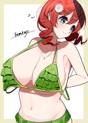  absurdres artist_name bikini blue_eyes border breasts brown_hair cleavage closed_mouth collarbone commentary drill_hair eighth_note emma_verde female flower freckles frilled_bikini frills green_bikini green_border hair_flower hair_ornament halterneck highres huge_breasts jewelry long_hair looking_back love_live! love_live!_nijigasaki_high_school_idol_club musical_note navel necklace official_alternate_costume outside_border sideways_glance signature smile solo stomach swimsuit tarakon turning_head undressing upper_body white_background white_flower 