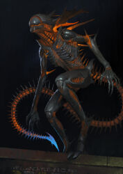  alien alien_(franchise) ambiguous_gender black_background black_body black_skin blue_glow digitigrade elbow_spike eyeless head_crest hi_res humanoid oleg_bulakh orange_glow sharp_teeth simple_background solo spiked_tail spikes spikes_(anatomy) tail teeth xenomorph 