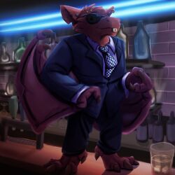  3_toes alcohol anthro bar bat beverage buckteeth clothing crossroadspony detailed_background dewclaw ear_piercing ear_ring eyebrow_piercing eyewear facial_piercing feet hand_in_pocket male mammal mutt_(rvb_revolution) necktie neon_lights piercing pockets raemyshu ring_piercing rvb_revolution slacks solo suit sunglasses teeth toes 