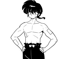  1boy :| bandage_on_cheek bandage_on_chest bandaged_arm bandages belt black_hair black_pants braid braided_ponytail closed_mouth greyscale hands_on_own_hips looking_past_viewer monochrome muscular muscular_male pants ranma_1/2 saotome_ranma topless_male wanta_(futoshi) white_background white_belt 