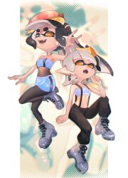  2girls ankle_boots arm_up bare_shoulders black_hair black_pants black_pantyhose blue_skirt blue_tube_top blunt_bangs boots breasts callie_(splatoon) chain_earrings chains chromatic_aberration clenched_hand collarbone commentary_request fangs film_grain food food_on_head fox_shadow_puppet fruit full_body grey_footwear grey_hair highres holographic_clothing inkling invisible_chair lemon lemon_slice long_hair marie_(splatoon) midriff miniskirt multiple_girls navel object_on_head official_alternate_costume official_alternate_hairstyle okaranko one_eye_closed open_mouth orange_pupils pants pantyhose pencil_skirt pillarboxed pointy_ears short_hair shrimp sidelocks sitting skirt small_breasts splatoon_(series) splatoon_3 standing standing_on_one_leg star-shaped_pupils star_(symbol) strapless suspenders symbol-shaped_pupils tentacle_hair tube_top twintails yellow_eyes zipper zipper_skirt 