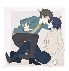  2boys 404_(m0111652) ? ?? aqua_shirt black_pants blue_hair blue_pants brown_hair collared_shirt commentary_request dark_blue_hair grey_eyes harada_minoru long_sleeves male_focus multiple_boys nervous_smile open_clothes open_mouth open_shirt pale_skin pants red_eyes saibou_shinkyoku shirt sitting smile stuck_in_a_box sweat sweater utsugi_noriyuki white_shirt yaoi yellow_sweater 