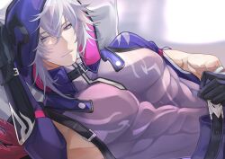  1boy abs belt belt_buckle black_belt black_choker black_gloves buckle choker compression_shirt feathers gloves grey_hair hair_between_eyes hand_on_own_chest highres honkai:_star_rail honkai_(series) hood hood_up hoodie large_pectorals light_smile looking_at_viewer lying male_focus medium_hair moze_(honkai:_star_rail) multicolored_clothes multicolored_eyes muscular muscular_male on_back open_clothes open_hoodie pants pectorals pillow purple_hoodie purple_pants scar scar_on_arm solo txtxt1298 