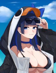  :3 absurdres adjusting_eyewear animal_hood bikini black_bikini black_jacket blue_eyes blue_hair blue_nails blue_sky blunt_bangs blunt_ends breasts cloud colored_inner_hair commentary cosplay creator_connection eipanguino english_commentary eyewear_on_head fate/grand_order fate_(series) female hair_intakes hand_up highres hime_cut hololive hololive_english hood hooded_jacket jacket large_breasts long_hair looking_at_viewer meltryllis_(fate) meltryllis_(swimsuit_lancer)_(fate) meltryllis_(swimsuit_lancer)_(fate)_(cosplay) micro_bikini multicolored_hair ouro_kronii penguin_hood sidelocks sky solo swimsuit tinted_eyewear upper_body v-shaped_eyebrows virtual_youtuber 