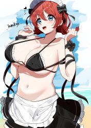  :d absurdres alternate_costume apron artist_name beach bikini black_bikini black_skirt blue_eyes blue_sky blush braid breasts brown_hair cleavage cloud collarbone commentary emma_verde female freckles hair_between_eyes heart highres large_breasts love_live! love_live!_nijigasaki_high_school_idol_club low_twin_braids maid maid_bikini maid_headdress medium_hair navel open_mouth signature skirt sky smile solo split_mouth stomach swimsuit tarakon twin_braids unconventional_maid waist_apron 