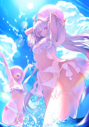  2girls ahoge ball bare_shoulders beachball bikini blue_sky blush breasts cleavage fate/grand_order fate_(series) frilled_bikini frills hair_over_one_eye harnetyss highres lady_avalon_(fate) lady_avalon_(second_ascension)_(fate) large_breasts long_hair looking_at_viewer mash_kyrielight mash_kyrielight_(swimsuit_of_perpetual_summer_ver.02) medium_breasts merlin_(fate/prototype) multicolored_bikini multicolored_clothes multiple_girls navel ocean open_mouth pointy_ears purple_eyes purple_hair rainbow_bikini see-through short_hair sky smile striped_bikini striped_clothes swimsuit thighs twintails very_long_hair wading white_bikini white_hair 