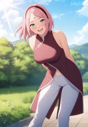  1girls arms_behind_back blush boruto:_naruto_next_generations breasts day depth_of_field eyelashes forehead_mark green_eyes headband large_breasts looking_at_viewer naruto naruto_(series) navel open_mouth outdoors pants pink_hair sakura_haruno shirt short_hair sky sleeveless smile snazzdaz snazzle solo solo_focus standing watermark white_pants 