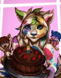  2016 anthro blue_eyes blue_hair cake candy chocolate chocolate_cake closed_eyes despicable_me dessert domestic_cat dur english_text eyebrows eyelashes felid feline felis female fingers food group hair hi_res holding_food holding_object holding_plate illumination_entertainment looking_at_viewer mammal minion_(despicable_me) open_mouth painting_(artwork) plate pupils simple_background text trio umikit white_sclera white_text 