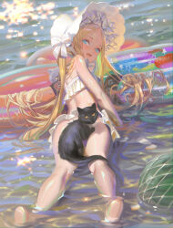  abigail_williams_(fate) abigail_williams_(swimsuit_foreigner)_(fate) abigail_williams_(swimsuit_foreigner)_(third_ascension)_(fate) absurdres alphonse_(white_datura) ass bad_id bad_pixiv_id barefoot bikini black_cat blonde_hair blue_eyes blush bonnet bow commentary convenient_censoring dated day fate/grand_order fate_(series) feline female forehead hairbow highres innertube long_hair looking_at_viewer looking_back outdoors parted_bangs swim_ring swimsuit twintails very_long_hair water wet white_bikini white_bow 