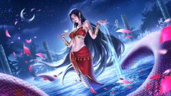  absurdres armlet bare_shoulders black_hair cai_lin_(doupo_cangqiong) doupo_cangqiong earrings falling_petals female highres jewelry lamia long_hair monster_girl night palm_tree petals pointy_ears red_skirt red_tube_top second-party_source skirt snake_tail solo star_(sky) strapless tail tree tube_top water yu_zai_guo_li_lueluelue 