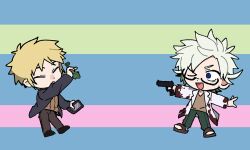  &gt;_o atou_haruki black_footwear black_jacket blonde_hair blood blood_on_clothes blue_eyes brown_footwear brown_shirt brown_sweater cellphone chibi chibi_only closed_eyes commentary_request glasses green_pants gun handgun holding holding_gun holding_leaf holding_phone holding_weapon jacket kanou_aogu lab_coat leaf long_sleeves male_focus medu_(rubish) multicolored_background one_eye_closed open_clothes open_jacket open_mouth outstretched_arms pants phone rectangular_eyewear ribbed_sweater saibou_shinkyoku semi-rimless_eyewear shirt short_hair smile spread_arms sweater torn_clothes turtleneck turtleneck_sweater weapon white_hair 