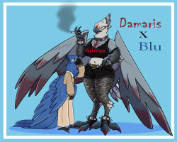  accipitrid accipitriform anthro avian belt bird blu_(rio) blu_waifu blue_sky_studios blush bracelet cigarette clothing damaris_the_harpy_eagle_(blu_waifu) duo eagle eyewear female fishnet_clothing fishnet_legwear glasses harpy_eagle jewelry larger_female legwear luntalie macaw male male/female muscular muscular_female neotropical_parrot parrot rio_(series) size_difference smaller_male smoking smoking_cigarette spix&#039;s_macaw studded_belt studded_bracelet studded_jewelry studs torn_clothing torn_legwear true_parrot wings 