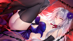  ahoge ass black_ribbon black_thighhighs blush breasts chains dress fate/grand_order fate_(series) female grey_hair hair_ribbon highres jeanne_d&#039;arc_alter_(avenger)_(fate) jeanne_d&#039;arc_alter_(fate) large_breasts long_hair looking_at_viewer lying neck_ribbon on_back purple_dress red_ribbon ribbon solo thighhighs very_long_hair weisuoxin yellow_eyes 