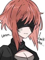  2b_(nier:automata) 2b_(nier:automata)_(cosplay) black_blindfold blindfold breasts cleavage cleavage_cutout clothing_cutout cosplay english_text female fire_emblem fire_emblem_fates nier:automata nier_(series) pink_hair puffy_sleeves sakura_(fire_emblem) short_hair simple_background solo tavi_(hosheezus) 