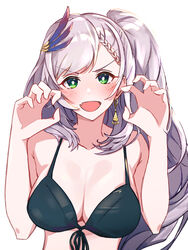  bikini black_bikini blush braid braided_bangs breasts chillout_tang claw_pose cleavage earrings feather_hair_ornament feathers female front-tie_top green_eyes grey_hair hair_ornament highres hololive hololive_indonesia jewelry large_breasts long_hair looking_at_viewer oerba_yun_fang open_mouth pavolia_reine skin_fang smile solo swimsuit upper_body v-shaped_eyebrows virtual_youtuber white_background 