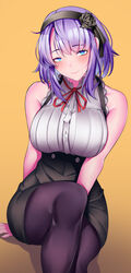  absurdres arm_between_legs arm_support bare_shoulders black_flower black_hairband black_pantyhose black_rose black_skirt blue_eyes bow bralines breasts bright_pupils buttons closed_mouth collarbone crossed_legs curvy dagashi_kashi double-breasted dress dress_shirt eyeshadow female flower frills hair_flower hair_ornament hairband head_tilt high-waist_skirt highres invisible_chair knee_up lipstick looking_at_viewer makeup neck_ribbon orange_background pantyhose purple_hair red_ribbon ribbon rose sanpaku shidare_hotaru shirt short_hair sidelocks simple_background sitting skirt sleeveless sleeveless_dress sleeveless_shirt smile solo suspender_skirt suspenders tsurime underbust white_shirt whitewaffle 