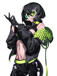  abs absurdres black_bra black_gloves black_hair bra breasts cyberpunk female gloves green-framed_eyewear highres jacket leather leather_pants marui_(fxxstate_ofmind) navel original pants putting_on_gloves shirt short_hair sleeveless sleeveless_shirt solo underwear zipper 