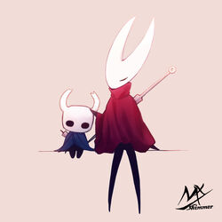  1other absurdres artist_name blue_cloak brown_background cloak closed_eyes commentary female headpat highres hollow_eyes hollow_knight hornet_(hollow_knight) knight_(hollow_knight) nail_(hollow_knight) needle_(hollow_knight) over_shoulder red_cloak sharpened_nail_(hollow_knight) shimmer signature simple_background sitting symbol-only_commentary weapon weapon_over_shoulder 