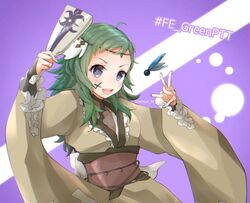  ahoge alternate_costume alternate_hair_color asymmetrical_bangs breasts circlet female fire_emblem fire_emblem_fates green_hair grey_eyes hand_fan highres holding holding_fan japanese_clothes kimono long_hair looking_at_viewer medium_breasts open_mouth ophelia_(fire_emblem) sakura_no_yoru upper_body yukata 