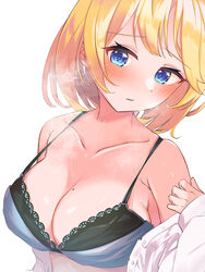  :s black_bra blonde_hair blue_eyes blush bob_cut bra breasts chillout_tang cleavage female grey_bra highres hololive hololive_english lace-trimmed_bra lace_trim large_breasts looking_at_viewer medium_hair mole mole_on_breast skindentation solo strap_gap sweat underwear undressing upper_body virtual_youtuber watson_amelia white_background 