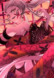  black_nails breasts commentary cowboy_shot daki_(kimetsu_no_yaiba) detached_sleeves eyelashes eyeshadow facial_tattoo fangs female fingernails floating_clothes floral_print grey_hair hair_ornament hair_pulled_back hair_stick highres kimetsu_no_yaiba kojitsunagi_(pattern) lips lipstick long_hair looking_at_viewer makeup medium_breasts morita_yuu nail_polish obi open_mouth pale_skin panties ponytail red_lips sash sharp_fingernails side-tie_panties sideboob smirk solo tattoo text_in_eyes underwear veins very_long_hair yellow_eyes 