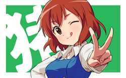  ;q bangs blue_vest border breasts brown_eyes brown_hair buttons collared_shirt commentary_request female green_background hand_on_hip inokuma_youko kin-iro_mosaic long_sleeves looking_at_viewer medium_breasts one_eye_closed sayshownen school_uniform shirt smile solo tongue tongue_out translated twitter_username upper_body v vest watermark white_border white_shirt 