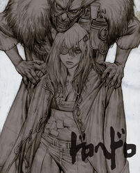  1boy bandages breasts cleavage dorohedoro en_(dorohedoro) eyepatch female greyscale hands_on_shoulders holding holding_weapon jia_jung long_hair looking_at_viewer monochrome nikaidou_(dorohedoro) simple_background standing teeth weapon white_background 