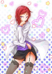  black_skirt clothes_lift commentary_request female fishnet_thighhighs fishnets garter_straps jacket looking_at_viewer love_live! love_live!_school_idol_project medium_hair miniskirt nishikino_maki photoshop_(medium) purple_eyes purple_shirt red_hair shirt skirt skirt_lift smile solo thighhighs white_jacket xxxx 