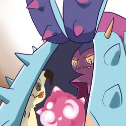  bad_id bad_pixiv_id blue_eyes closed_mouth colored_sclera glowing glowing_eyes gradient_background lowres mimikyu minior minior_(core) minior_(red_core) no_humans orange_sclera pokemon pokemon_(creature) qumyak sharp_teeth spikes starfish teeth tentacle toxapex 