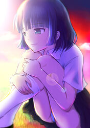  absurdres ahoge ass backlighting bare_arms black_skirt blue_hair blunt_bangs blurry blurry_foreground closed_mouth cloud collared_shirt colorful commentary commentary_request crossed_legs feet_out_of_frame female from_side gradient_sky grass green_eyes head_rest highres hugging_own_legs knee_to_face kneehighs knees_to_chest knees_up leaning_forward legs legs_together lens_flare light_smile lips lipstick looking_afar looking_away makeup medium_hair nanino_monaka original outdoors panties pantyshot partial_commentary pink_lips pleated_skirt raised_eyebrows red_sky shirt shoes short_sleeves sidelocks sitting skirt sky socks solo sunlight tareme twilight underwear white_panties white_shirt white_socks 