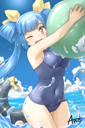  ano_(fjcd7247) arms_up artist_name ball bare_shoulders beachball blue_hair blue_sky breasts cloud covered_navel dizzy_(guilty_gear) female guilty_gear hair_rings highres holding holding_ball looking_at_viewer medium_breasts monster_girl ocean one_eye_closed open_mouth red_eyes ribbon school_swimsuit sideboob sky solo sparkle swimsuit tail tail_ornament tail_ribbon thighs wet wet_clothes wet_swimsuit yellow_ribbon 