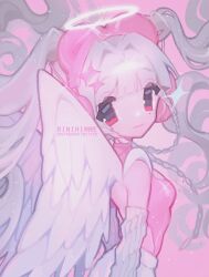  angel angel_wings animal_ear_headphones animal_ears artist_name blunt_bangs breasts english_commentary english_text fake_animal_ears female halo headphones highres long_hair looking_at_viewer original pink_headphones pink_theme red_eyes rinihimme skirt small_breasts smile solo traditional_halo watermark white_arm_warmers white_skirt wings 