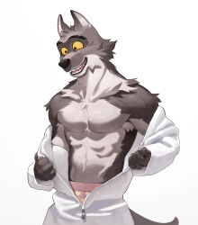  andromorph andromorph/male anthro boxers_(clothing) breasts canid canine canis clothing dreamworks fur grin half_naked heart_symbol hi_res humanoid intersex intersex/male male mammal mondlc1103 mr._wolf_(the_bad_guys) muscular onesie open_mouth simple_background smile solo the_bad_guys underwear wolf zipper_down 